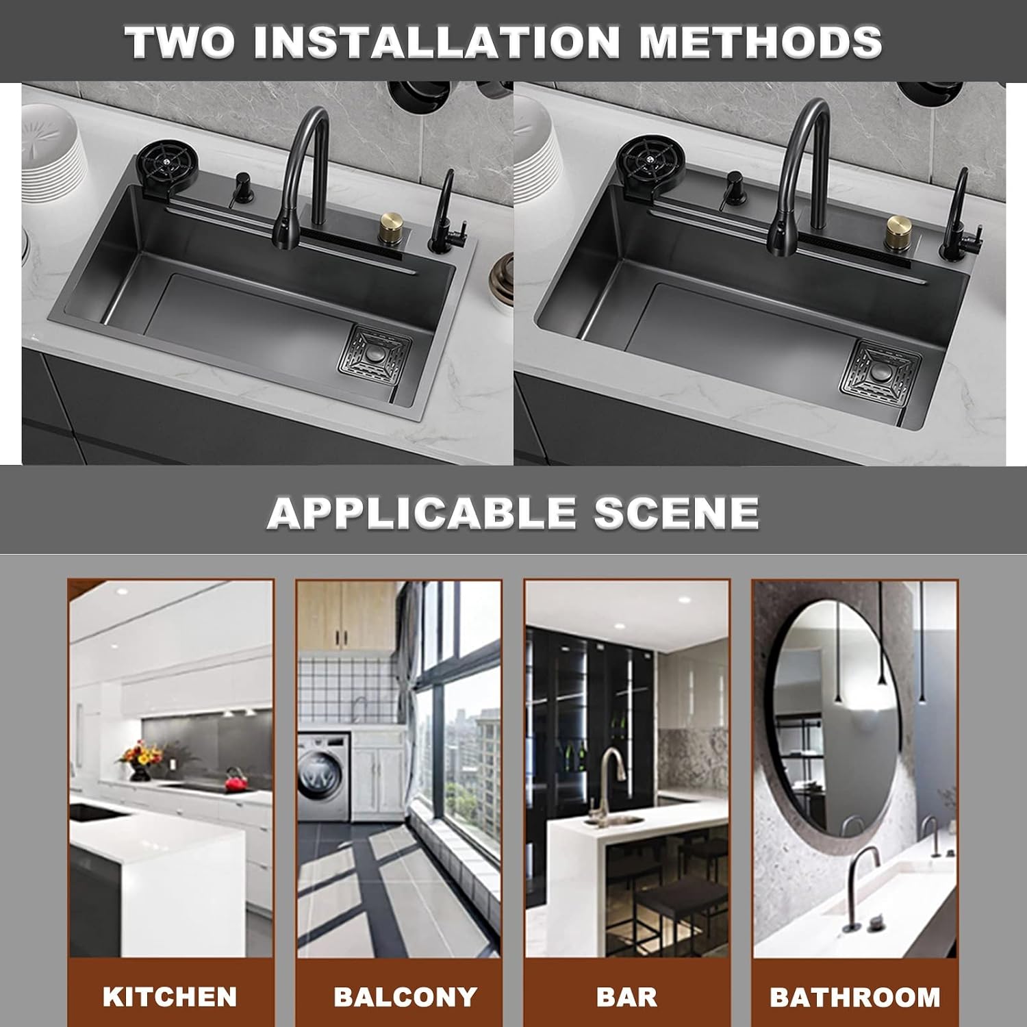 304 Stainless Steel Kitchen Sink Single Bowl Bar Prep Sink Multi-Function RV Sink with Faucet Cup Washer Drain Assembly Drop in Or Under Mount (Color : Grey, Size : 68x45x21cm) (Gun Grey 68x4