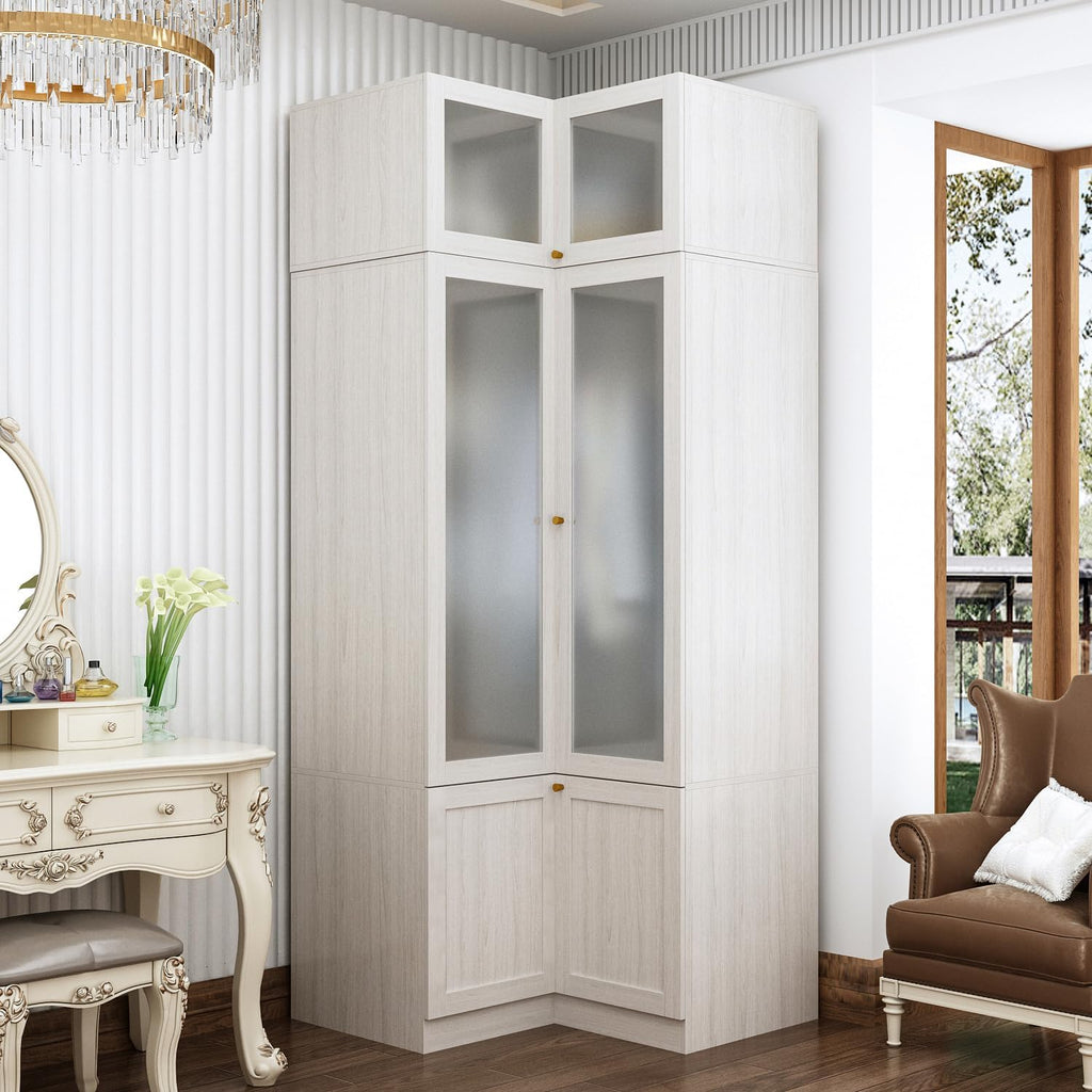 MOUMON Tall Corner Wardrobe, L-Shaped Modern Bedroom Armoires with Frosted Glass Doors and Hanging Rod, Corner Armoire Closet for Clothes Storage, Wood Grain 35.4' W x 35.4' D x 86.6' H