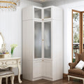 MOUMON Tall Corner Wardrobe, L-Shaped Modern Bedroom Armoires with Frosted Glass Doors and Hanging Rod, Corner Armoire Closet for Clothes Storage, Wood Grain 35.4' W x 35.4' D x 86.6' H