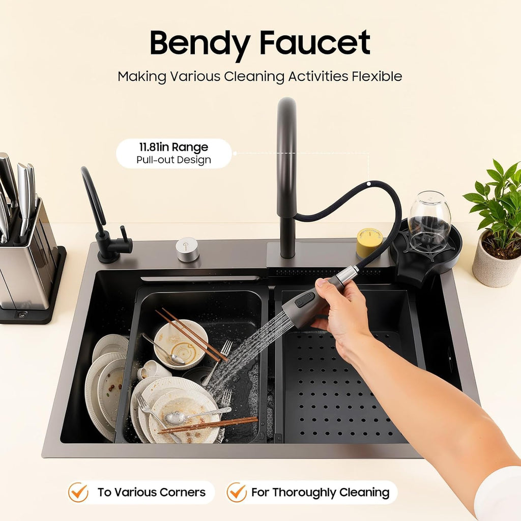Kitchen Sink Drop in, Multi-Function Waterfall, Raindance Professional Countertop Single Bowl Kitchen Sink Stainless Steel Washbasin with High Pressure Pull-Out Faucet 80 * 45cm
