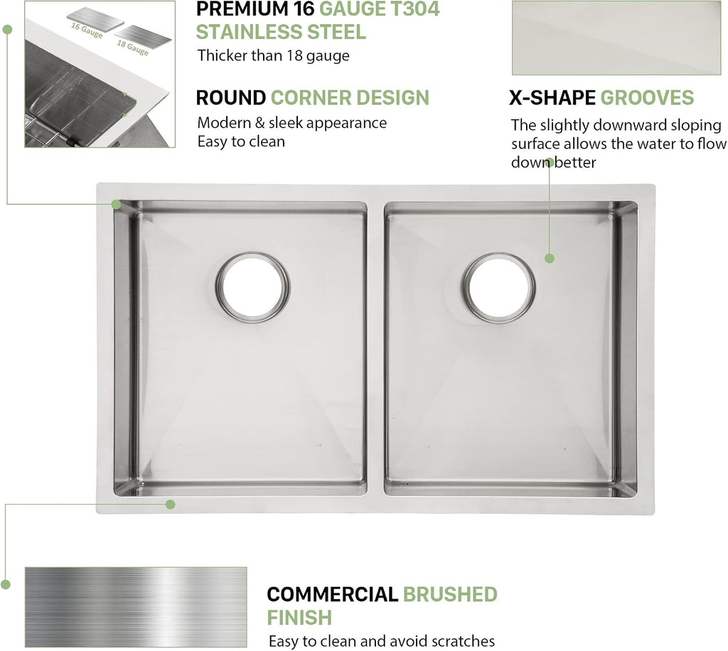 33 Undermount Double Bowl Kitchen Sink - Beslend 33x19x10 Inch Double Sink Stainless Steel Undermount Sinks 16 Gauge 50/50 Double Bowl Sinks