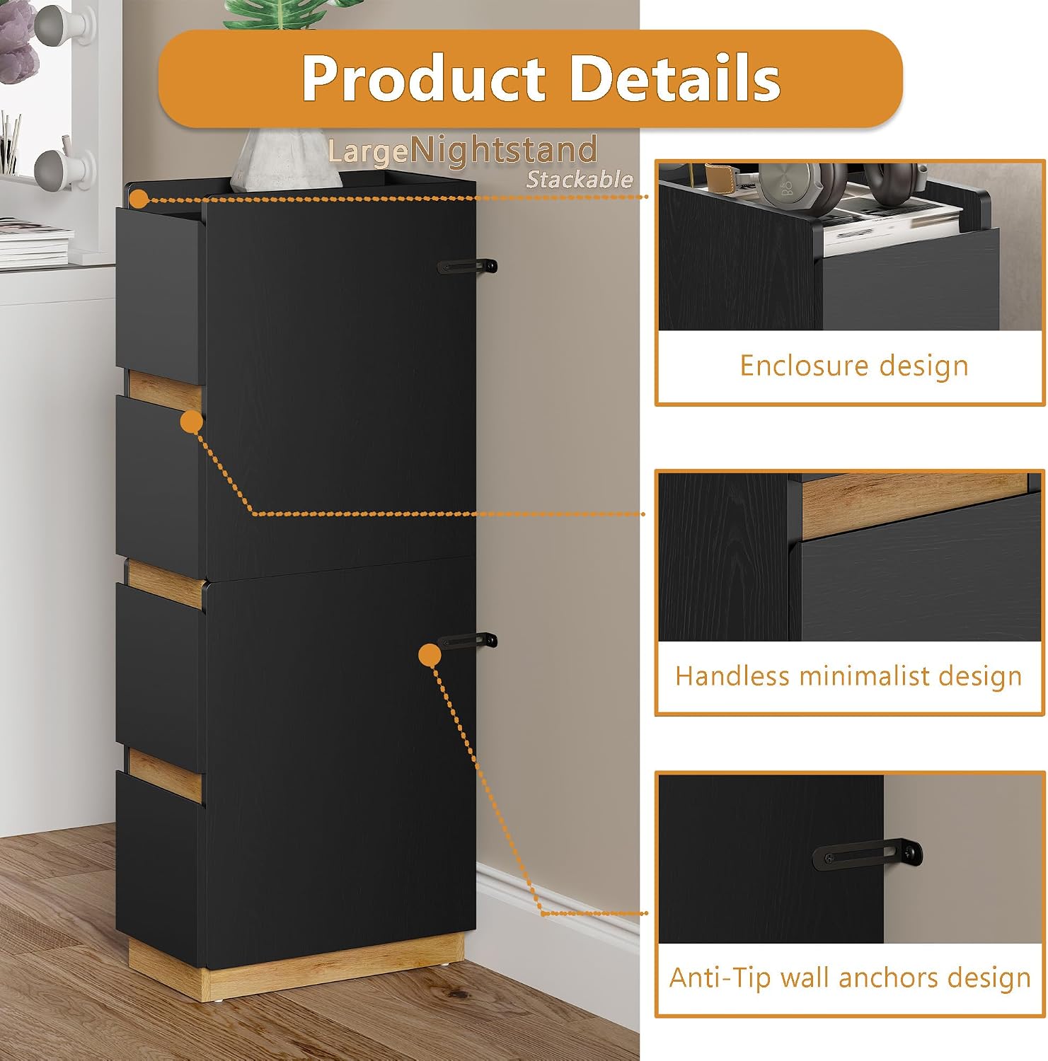Narrow Night Stands, Modern Slim Nightstand Set of 2, Wooden Skinny Bedside Table 2 Drawers, Stackable Narrow Side Table with Drawers for Small Spaces, Bedroom, Living Room, Black