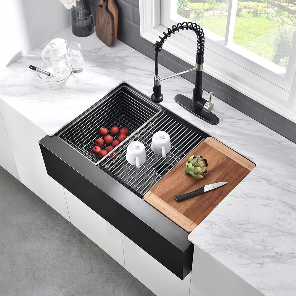 30 Inch Black Farmhouse Sink Workstation-VASOYO 30x22 Black Stainless Steel Kitchen Sink Undermount Farmhouse Sinks 16 Gauge Deep Single Bowl Apron Front Farm Sinks with Cutting Board