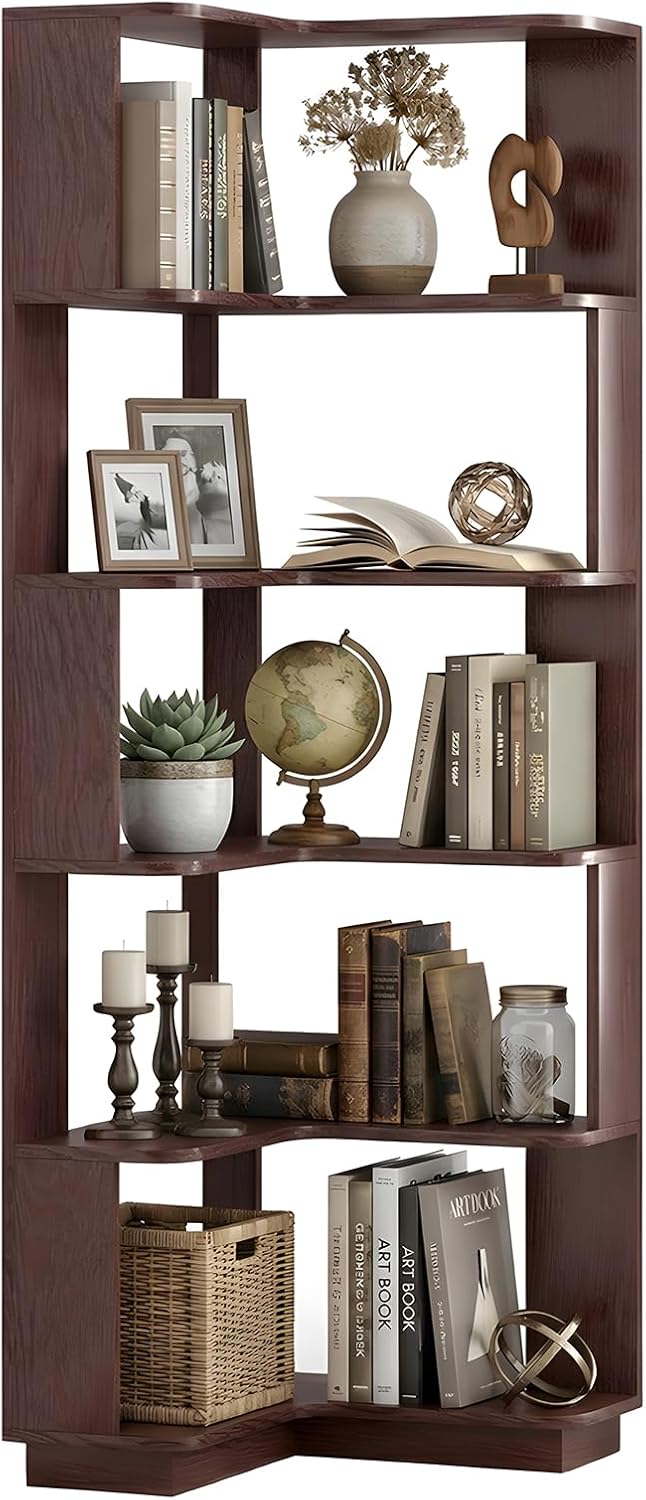 5 Tier Corner Bookshelf, Freestanding L-Shaped Wooden Bookcase with Open Shelves, Anti-Fall Panels and Anti-Tipping Device for Living Room, Bedroom, Home Office (Ox Blood Red)