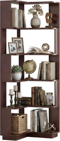 5 Tier Corner Bookshelf, Freestanding L-Shaped Wooden Bookcase with Open Shelves, Anti-Fall Panels and Anti-Tipping Device for Living Room, Bedroom, Home Office (Ox Blood Red)