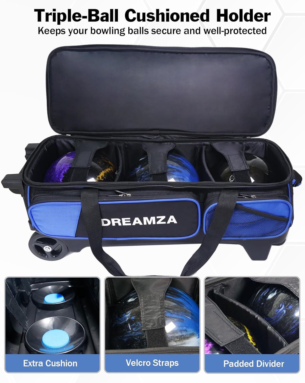 3 Ball Bowling Bags with Wheels & Shoe Pocket, Premium Bowling Ball Bag 3 Ball Roller, Effortless-Rolling 3 Ball Bowling Bag w/Multi-Storage Pockets & Telescopic Handle Extends to 40''