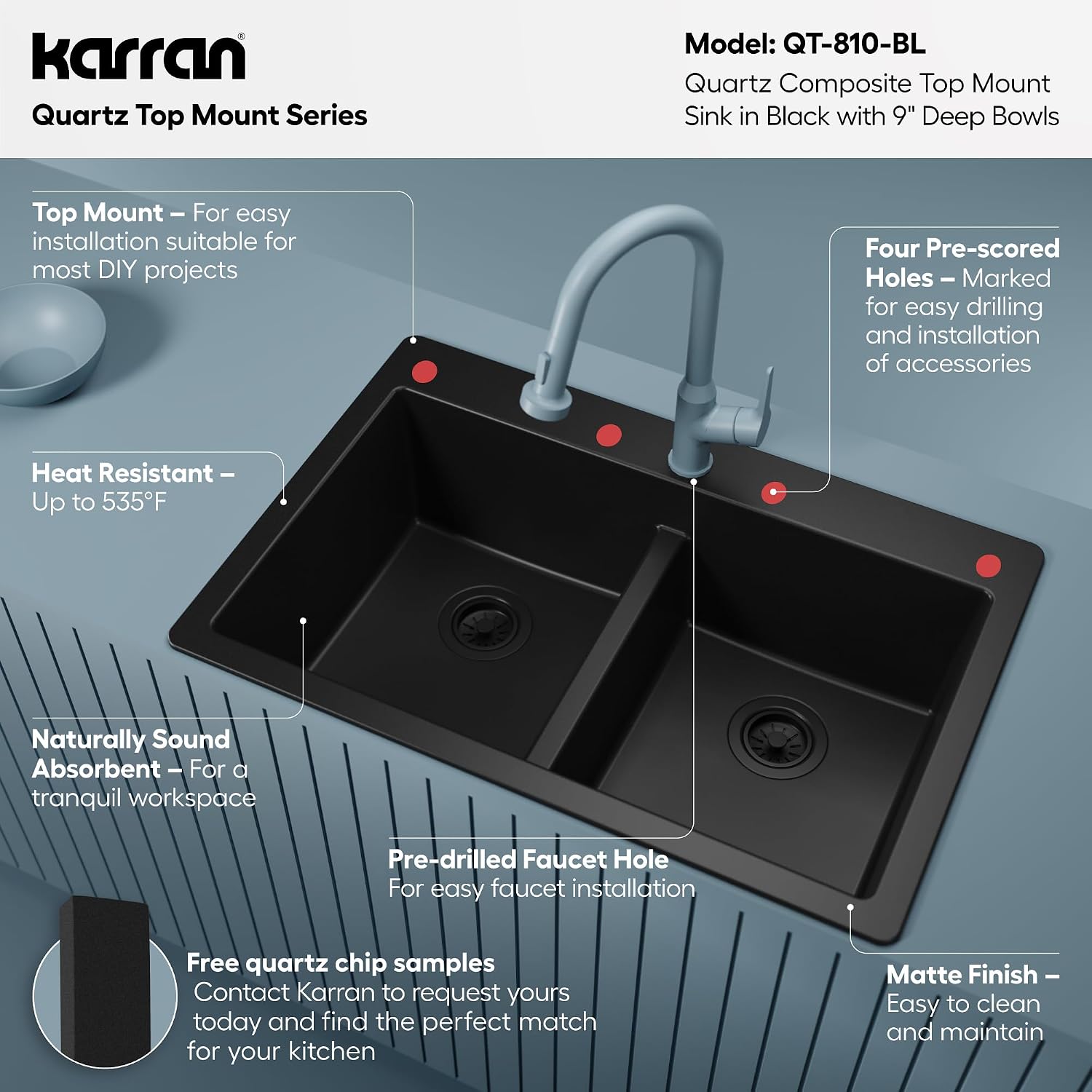Karran 33' Black Quartz Composite Double Bowl Kitchen Sink – Top Mount Drop-In 50/50 Low Divider, 80% Natural Quartz, 535°F Heat Resistant, Sound Dampening, Granite Composite, QT-810