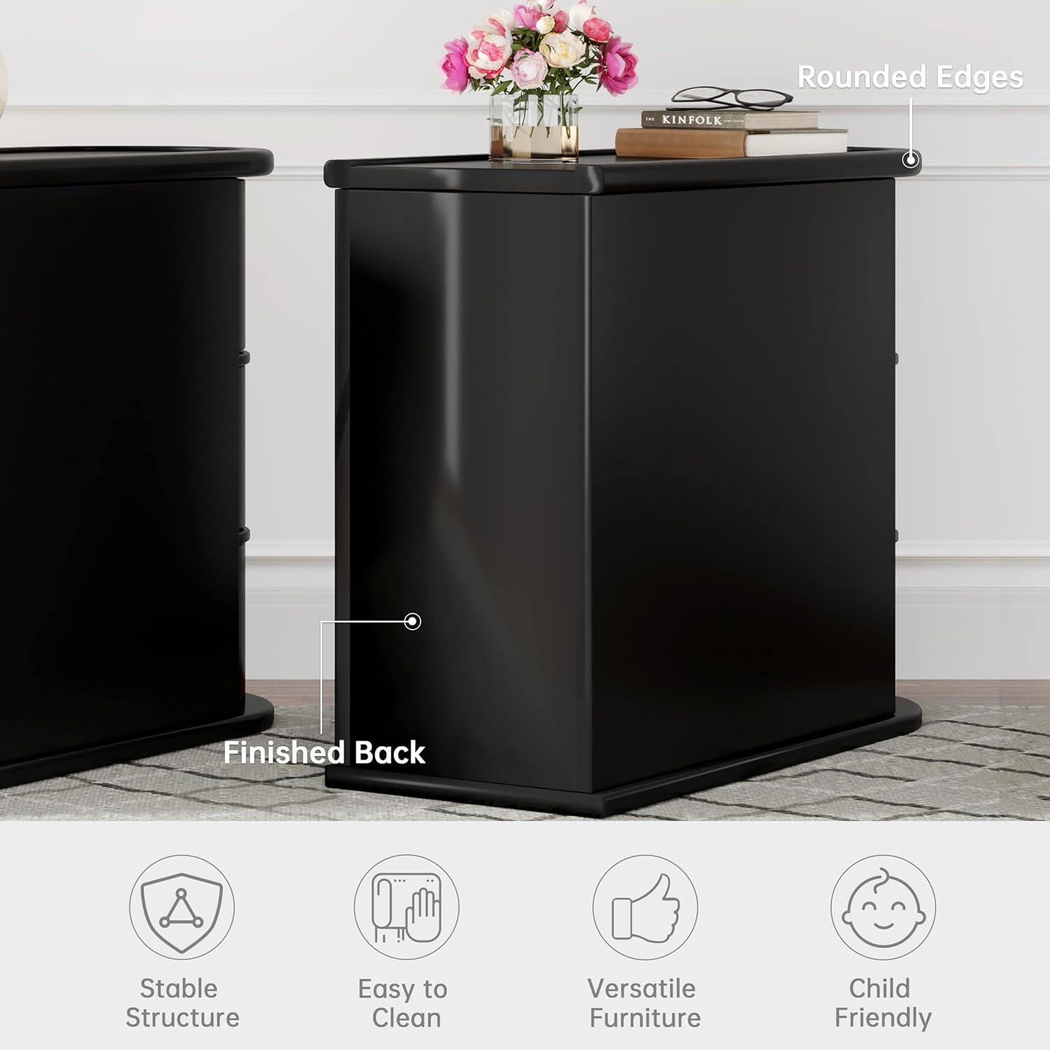 Wood End Table with 3 Drawers, No Assembly Required Narrow Sofa Side Table for Living Room, Vintage Slim Nightstand Bedside Table Bedroom (3 Drawers, Black, 1Pc)