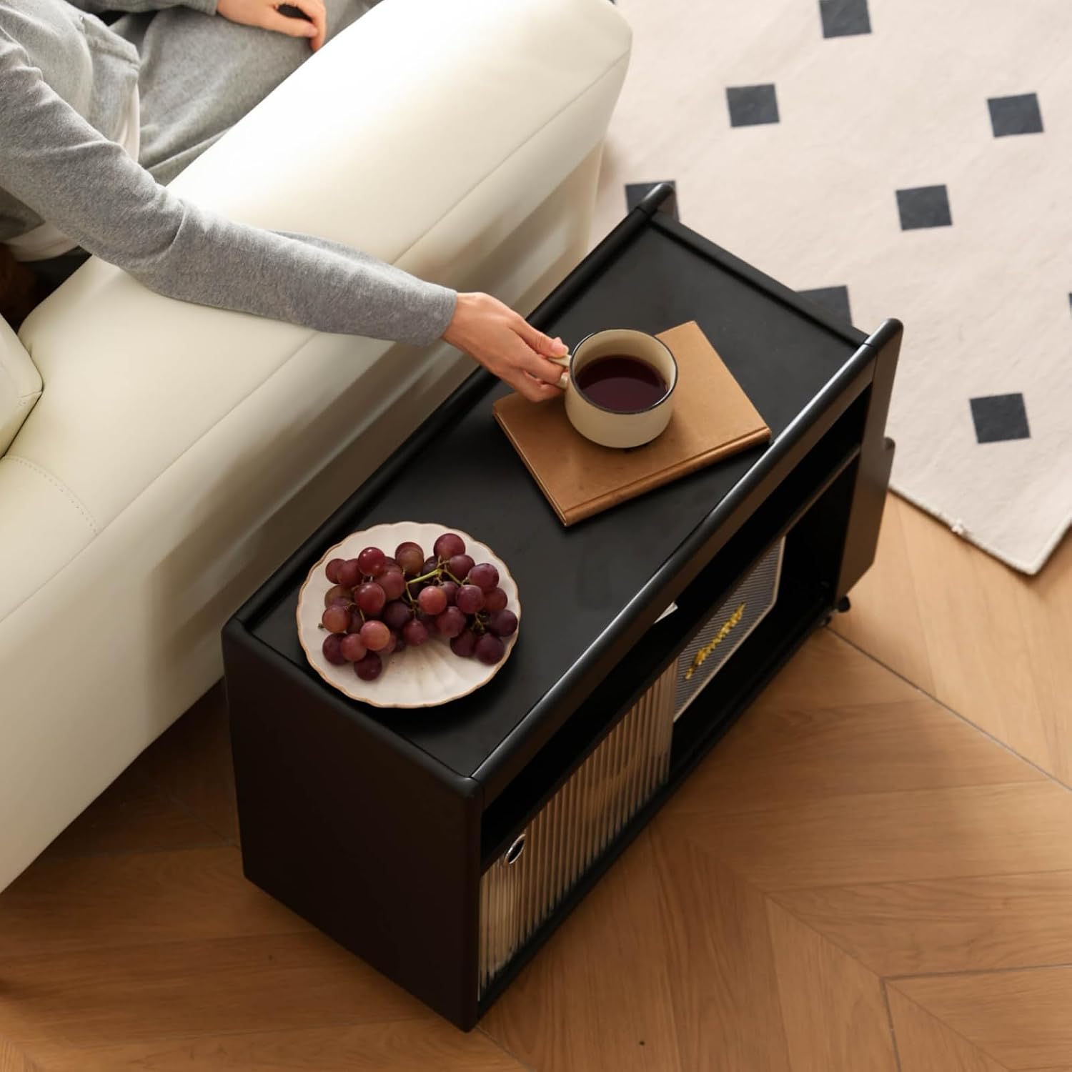 Solid Wood Side Table with Wheels, Narrow Side Table with Storage, Rolling Bedside Table for Bedroom Living Room Dining Room(Black, 27.95' D x 11.42' W x 19.88' H)