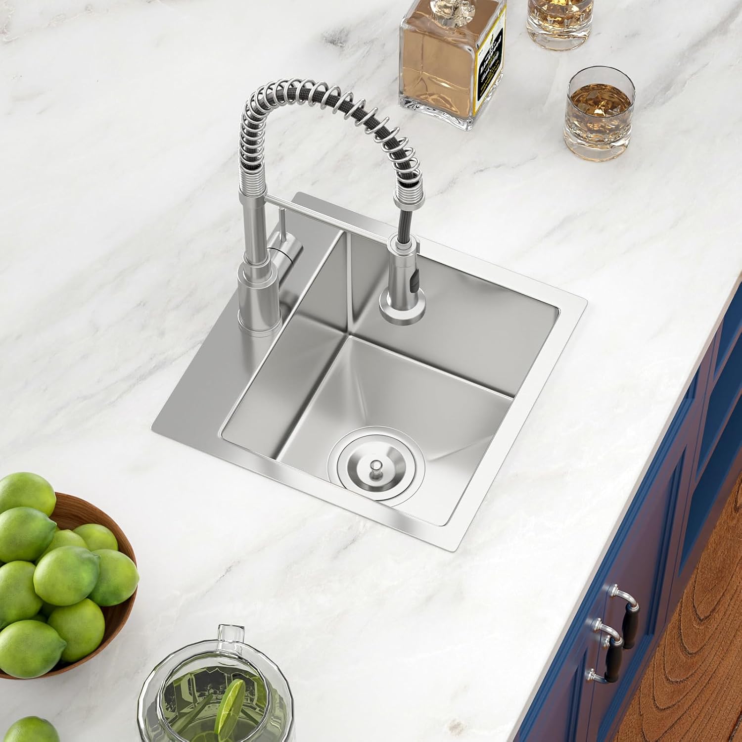 15'x 15' Drop In Bar Sink 16 Gauge Stainless Steel Handmade Contemporary Single Bowl Square Kitchen Sink Bar Prep RV Kitchen Sink Basin