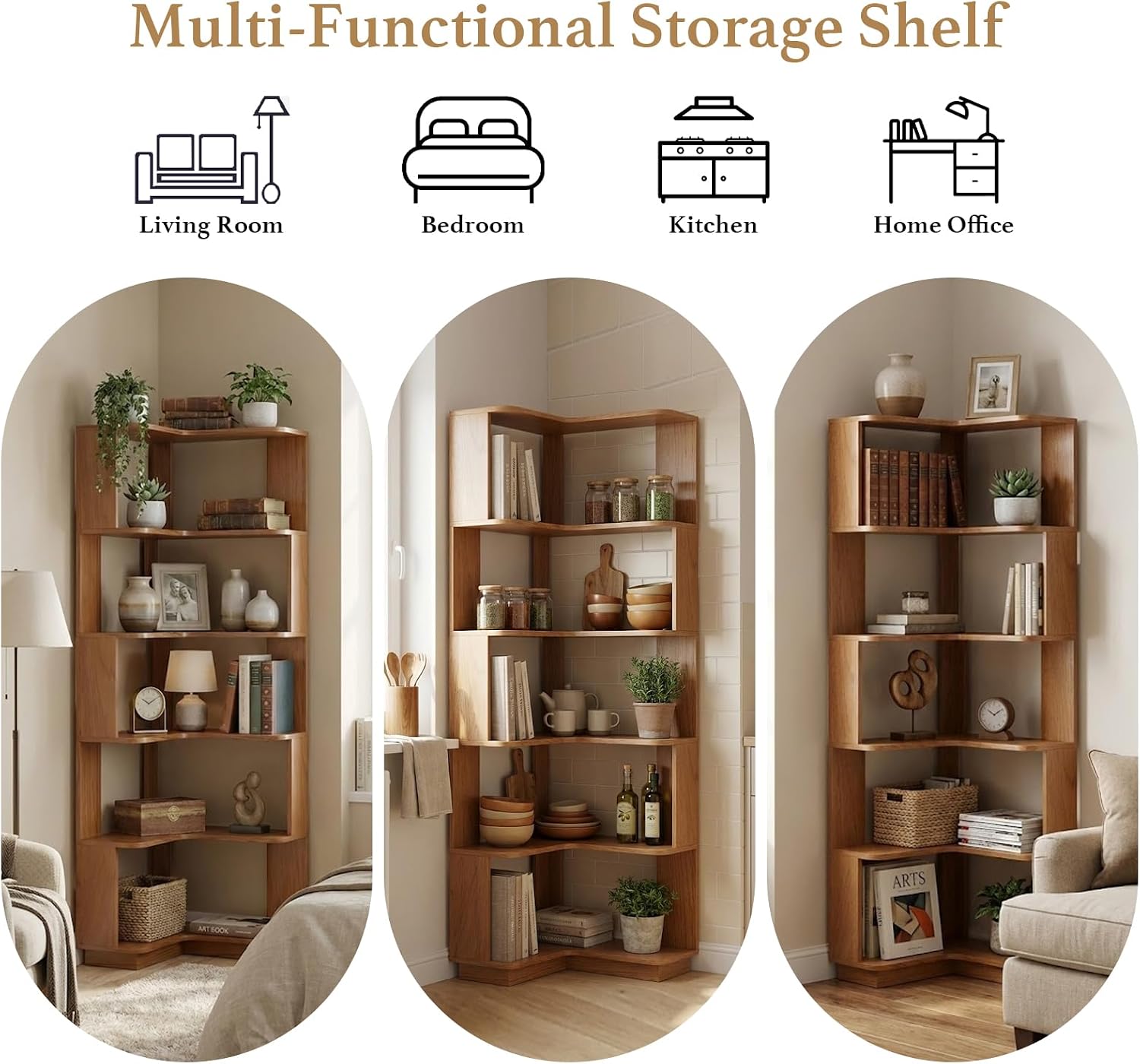 5 Tier Corner Bookshelf, Freestanding L-Shaped Wooden Bookcase with Open Shelves, Anti-Fall Panels and Anti-Tipping Device for Living Room, Bedroom, Home Office (Dark Oak)