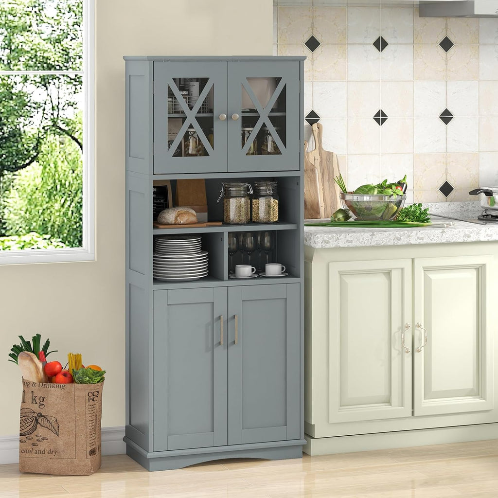 Tangkula Tall Bathroom Cabinet, Modern Kitchen Cupboard Pantry with Adjustable Shelves, 2 Acrylic Doors & 3 Open Cubes, Large Floor Storage Cabinet for Bathroom Living Room (23.5 x 12 x 57 Inch,Grey)