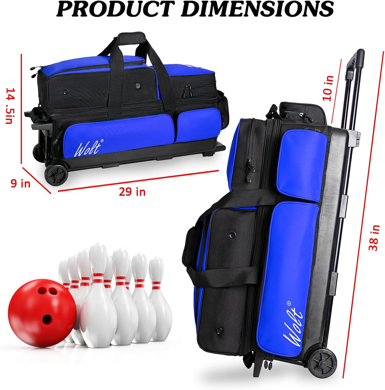 WOLT 3 Ball Bowling Bags with Wheels,Bowling Ball Bag 3 Ball Roller with Separate Shoe Compartment and Accessory Pocket, Retractable Handle Extends to 38''