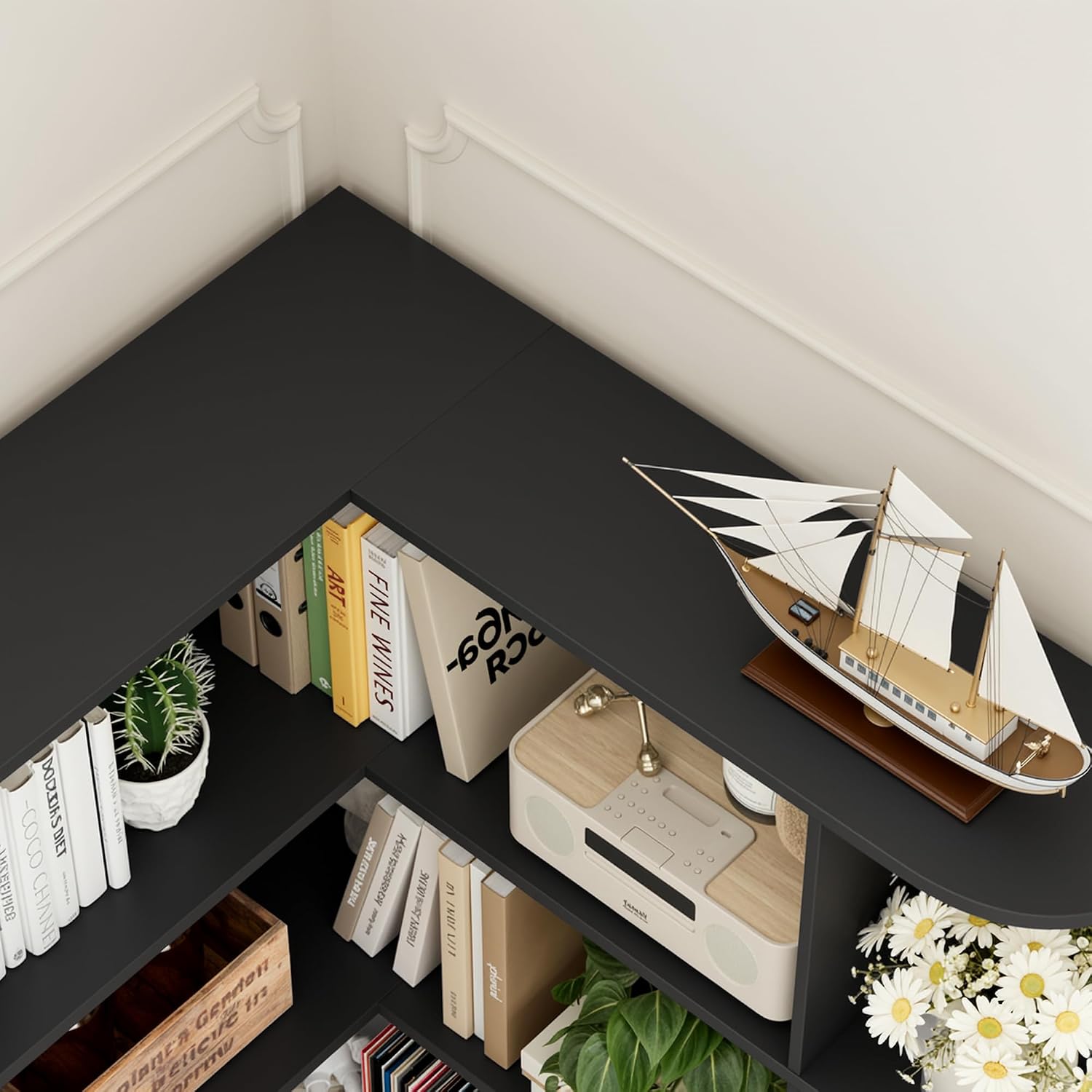 FOTOSOK 72' Tall Corner Bookshelf, 6-Tier Bookshelf and Bookcase with Open Storage, L Shaped Tall Bookcases Wooden Storage Shelves for Home Office, Thickened Boards for Better Load Bearing, Black