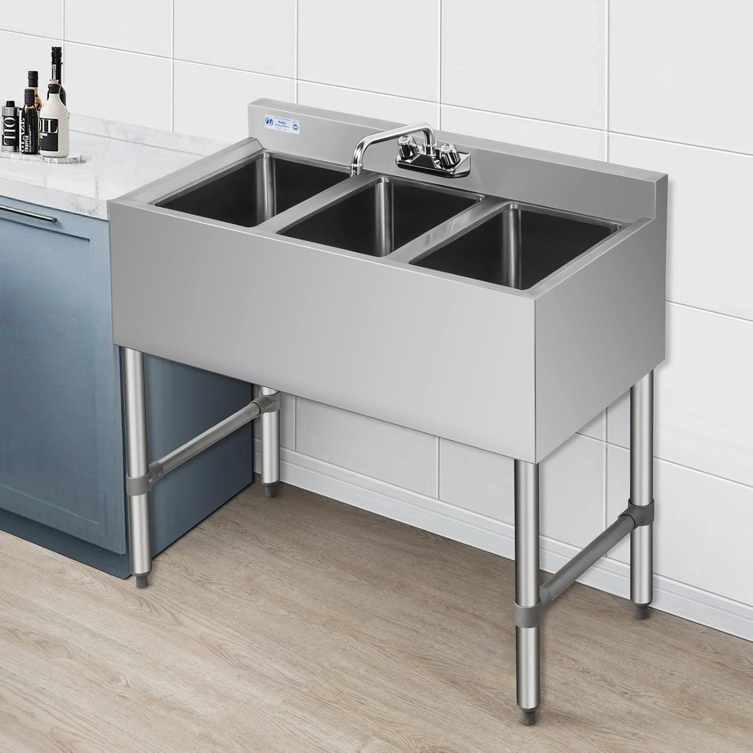 HALLY 3 Compartment Sink of Stainless Steel NSF Commercial Utility Basin with 10' L x 14' W x 10' D Bowl for Bar, Restaurant, Kitchen, Hotel and Home