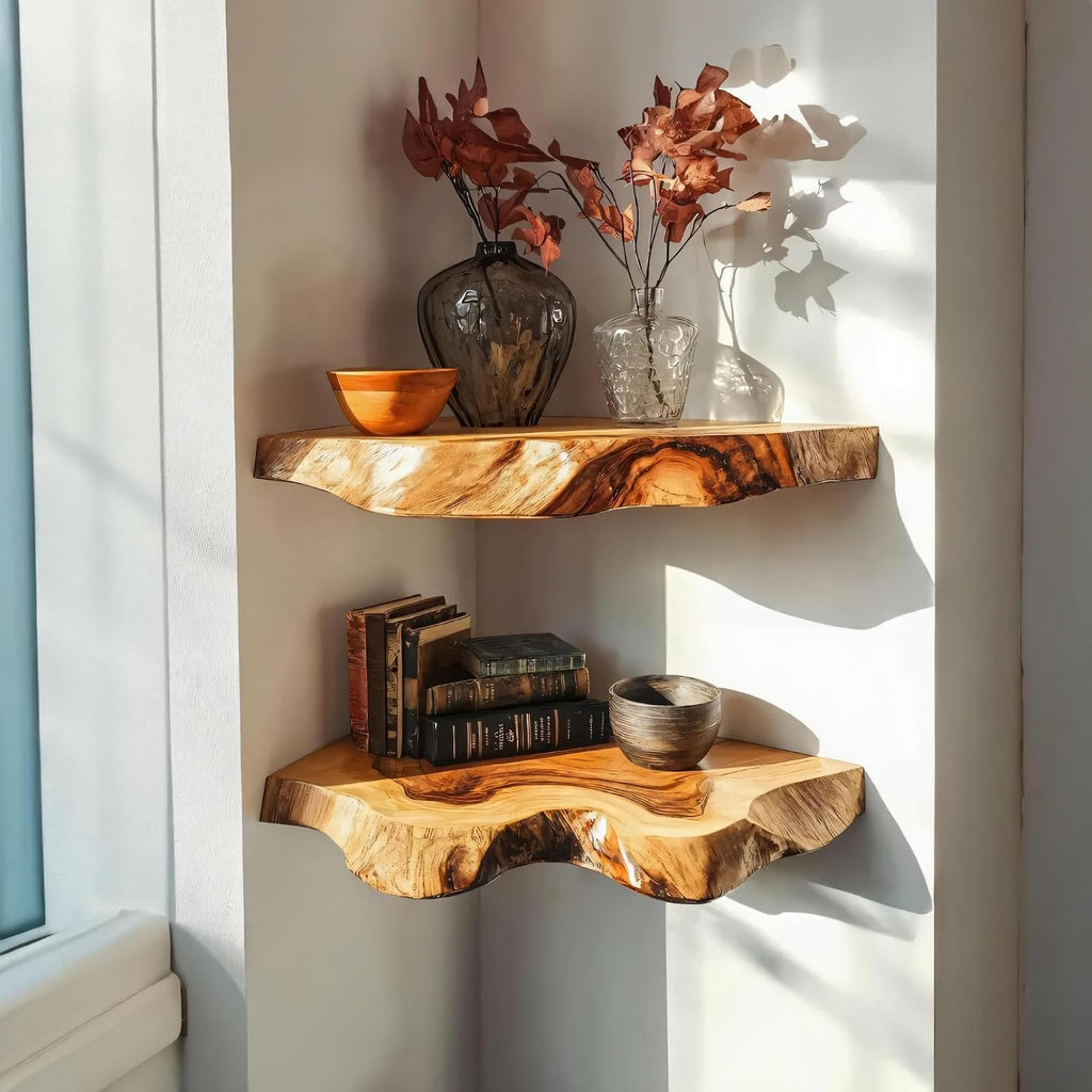Live Edge Corner Floating Shelves - Solid Monkey Pod Wood, Heavy Duty Hidden Brackets, Handcrafted Farmhouse Wall Mounted Decor for Bedroom & Living Room - Natural, 9.8 x 9.8 x 2.0 in, Set of 1