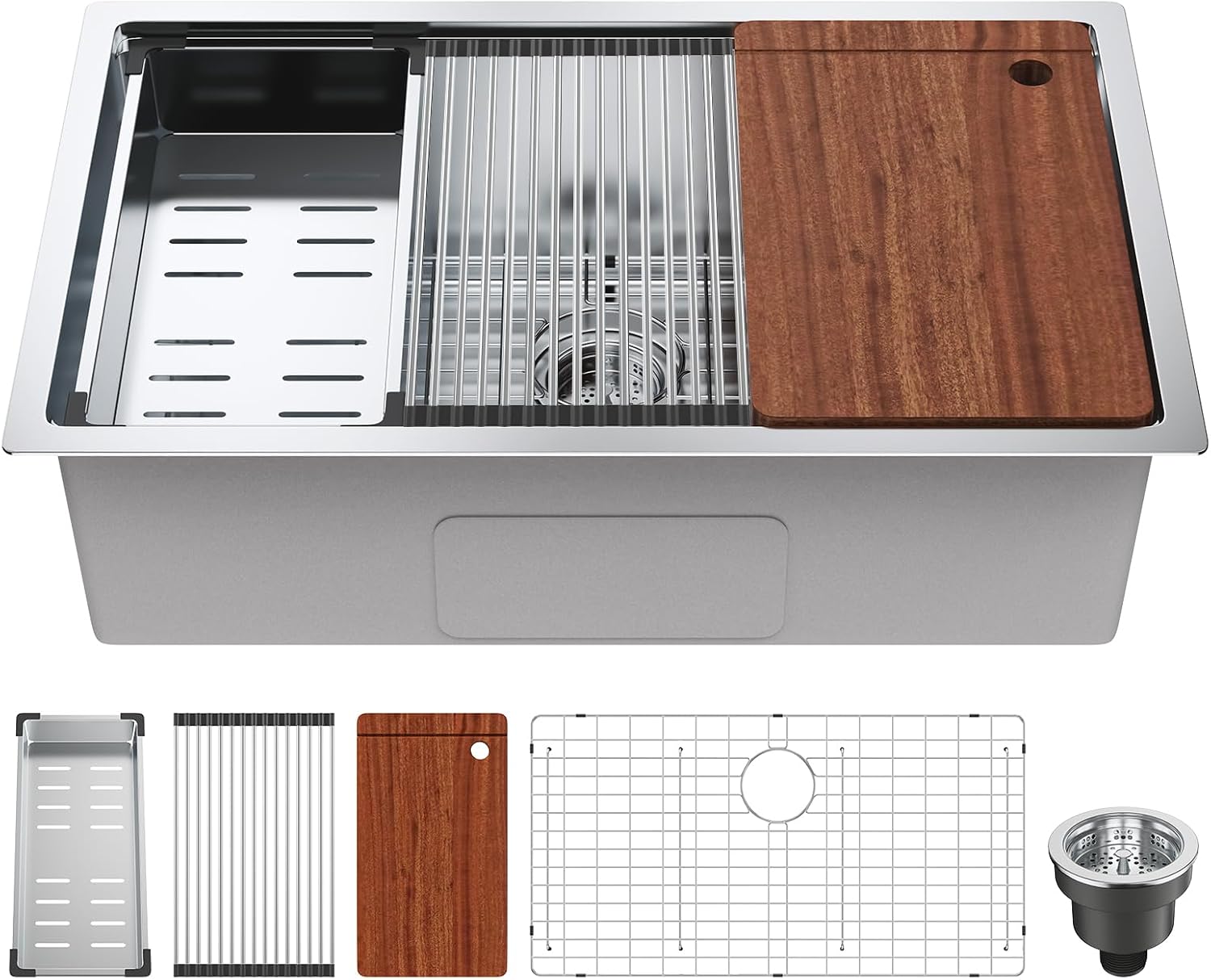 VEVOR 30 inch Kitchen Single Sink, 304 Stainless Steel Undermount Sink Drop-In Single Bowl Farmhouse Basin with Ledge & Multiple Accessories, Household Dishwasher Sinks for Prep Kitchen, Bar 30'*19'