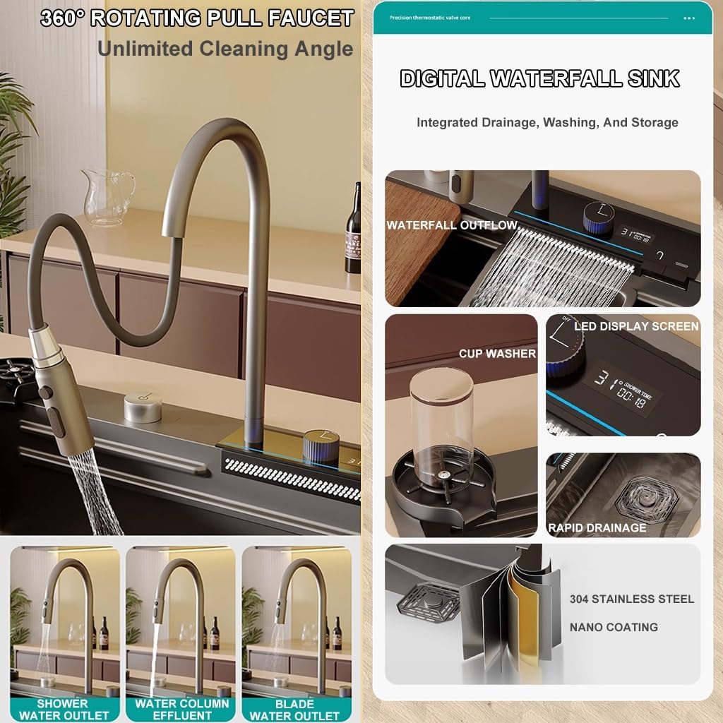 Single-Bowl Kitchen Workstation Sink Multi-functional Stainless Steel Household Farmhouse Sink Waterfall Pull-Down Faucet And Complete Accessory Set (Color : Black, Size : 75x46x23cm) (Black 75x46