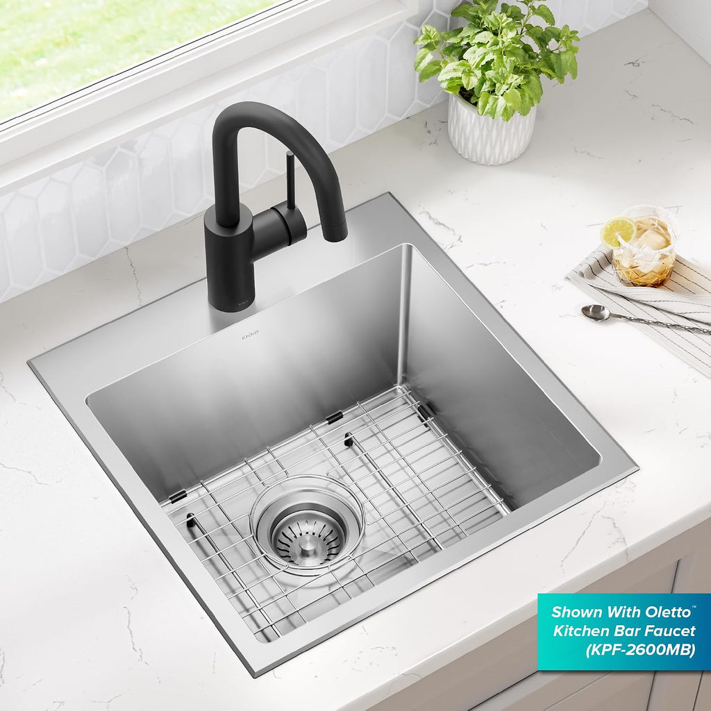 KRAUS 18 x 18 inch Standart PRO™ Drop-In Top Mount 16 Gauge Single Bowl 1-Hole Stainless Steel Kitchen Sink Set (5 Item Bundle: Sink, Bottom Grid, Drain Assembly, Drain Cap, Kitchen Towel), KHT301-18