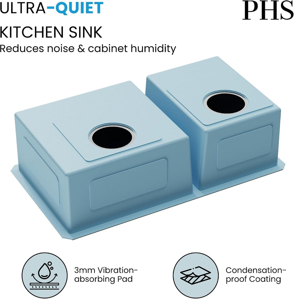 PHS 33-Inch Undermount -50/50 Double Bowl 16 Gauge Stainless Steel Kitchen Sink with Accessories, 9 Inch Deep Sinks with Brushed Finish