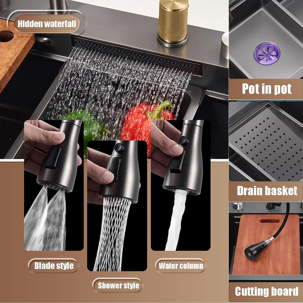 Kitchen Sink Hidden Waterfall Sink Single Bowl Kitchen Sink Built-in Sink Workstation 304 Stainless Steel Sink for Home(