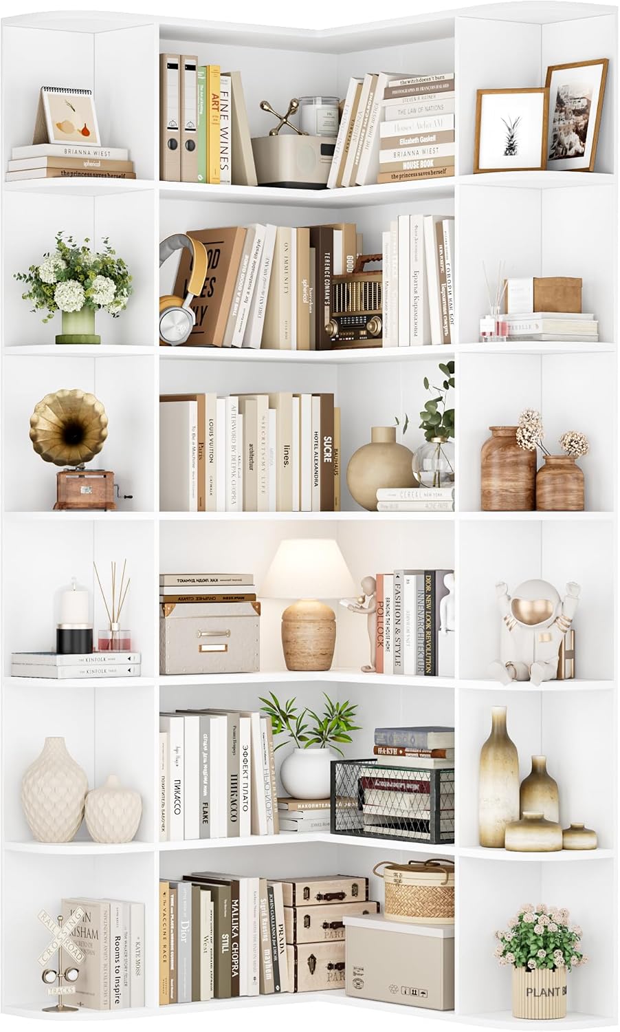 FOTOSOK 72' Tall Corner Bookshelf, 6-Tier Bookshelf and Bookcase with Open Storage, L Shaped Tall Bookcases Wooden Storage Shelves for Home Office, Thickened Boards for Better Load Bearing, White
