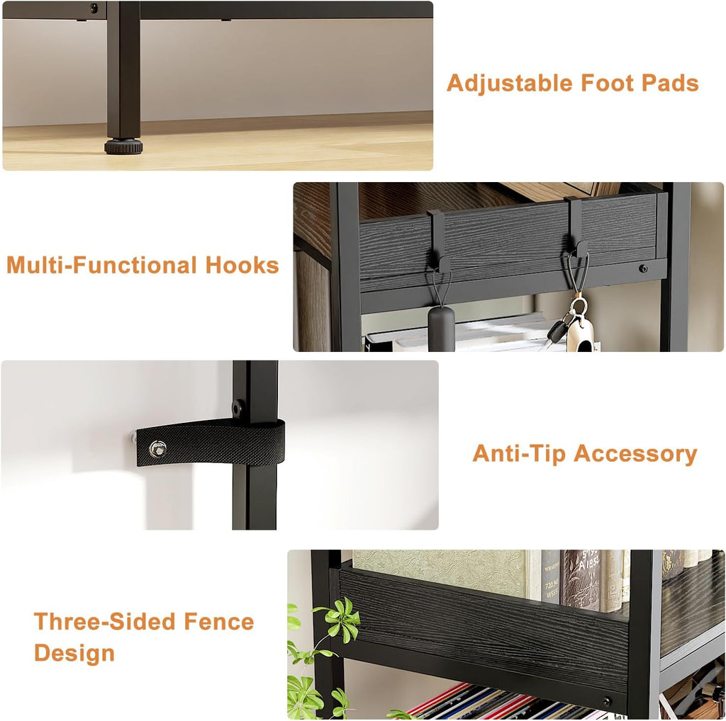 KOUSEI 5-Tier Corner Bookshelf, Reversible L-Shaped Bookcase with 4 Hooks, 65' Industrial Wood & Metal Storage Shelf for Living Room, Home Office & Bedroom, Black