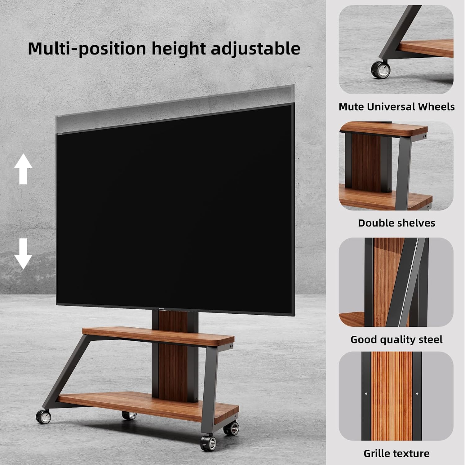 Heavy Duty Mobile TV Stand Rolling TV Cart with Wheels for 32-85 Inch Flat/Curved Led/LCD/OLED Portable Floor TV Stand with Wooden Shelves, Height Adjustable Holds up to 220lbs,Max VESA 600 x400mm