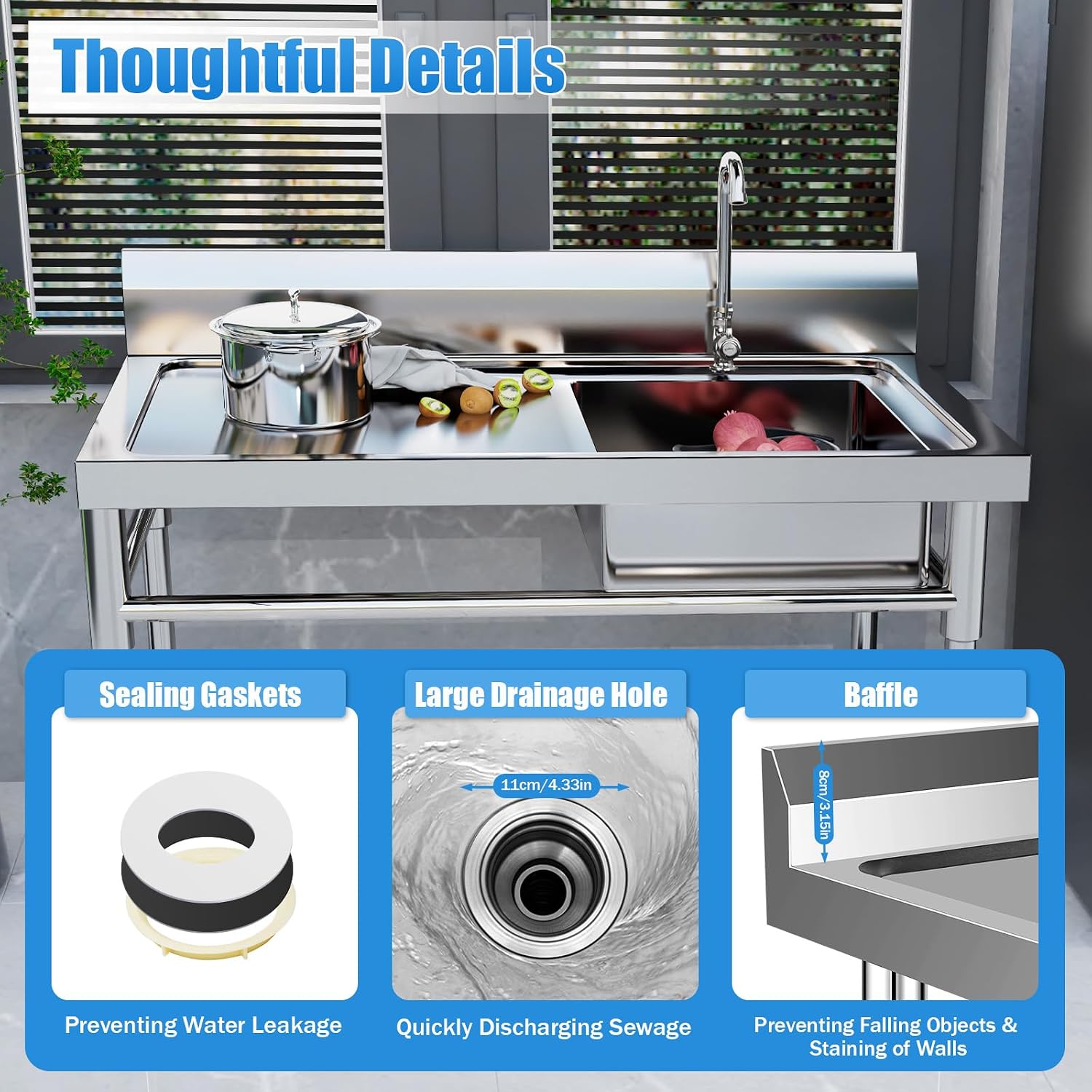 CNCEST Commercial Kitchen Sinks Single Bowl,304 Stainless Steel Catering Prep Table,Kitchen Wash Bowl Sink Basin,120x60x80cm,for Restaurant, Laundry, Garage (1 Bowl)