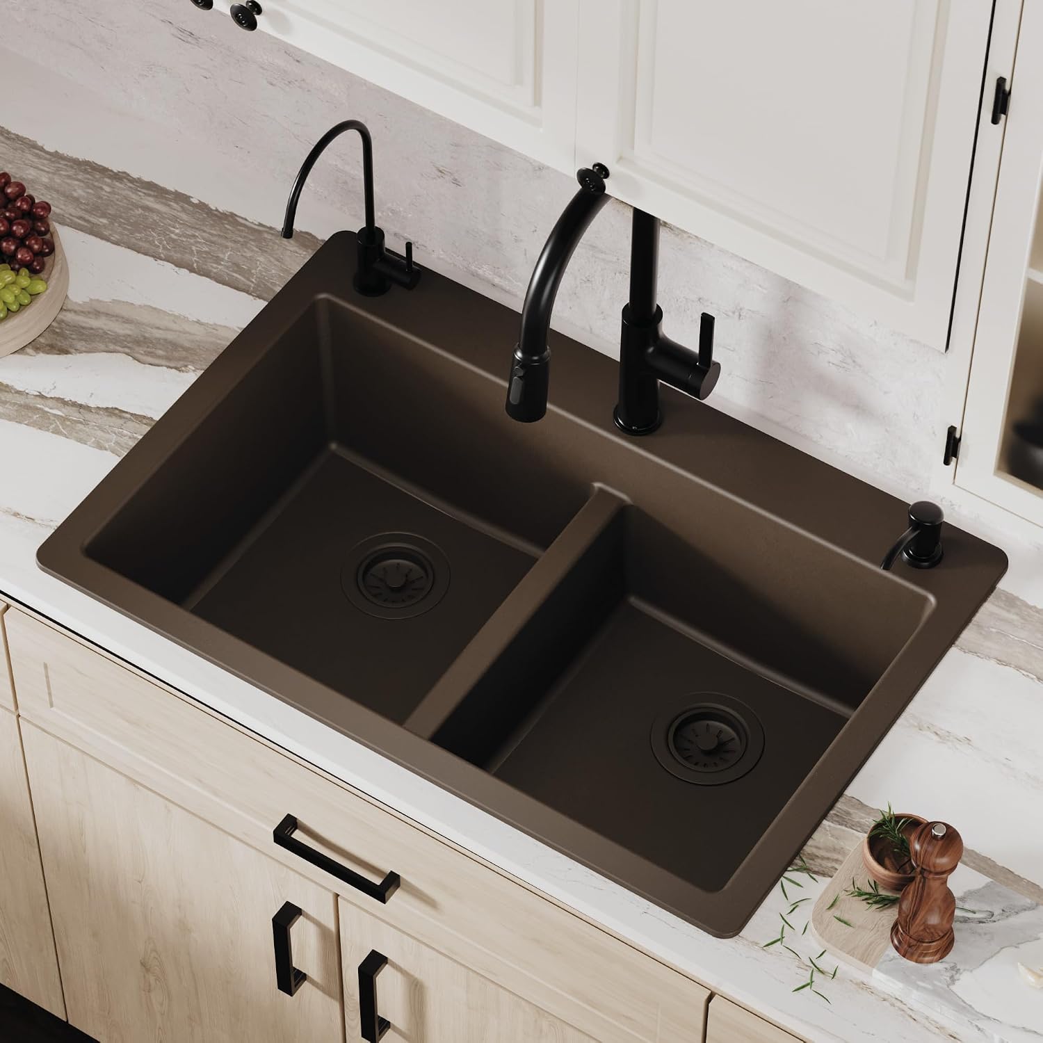 Karran 33' Brown Quartz Composite Double Bowl Kitchen Sink – Top Mount Drop-In 50/50 Low Divider, 80% Natural Quartz, 535°F Heat Resistant, Sound Dampening, Granite Composite, QT-810