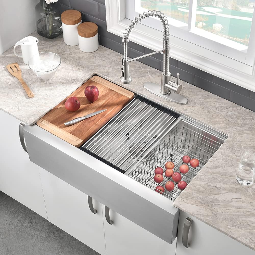 Stainless Steel Farmhouse Sink Workstation-VASOYO 30x22 Farm Sink Apron Farmhouse Kitchen Sinks Workstation 16 Gauge 304 Stainless Steel Single Bowl Kitchen Sinks Under Mount with Cutting Board