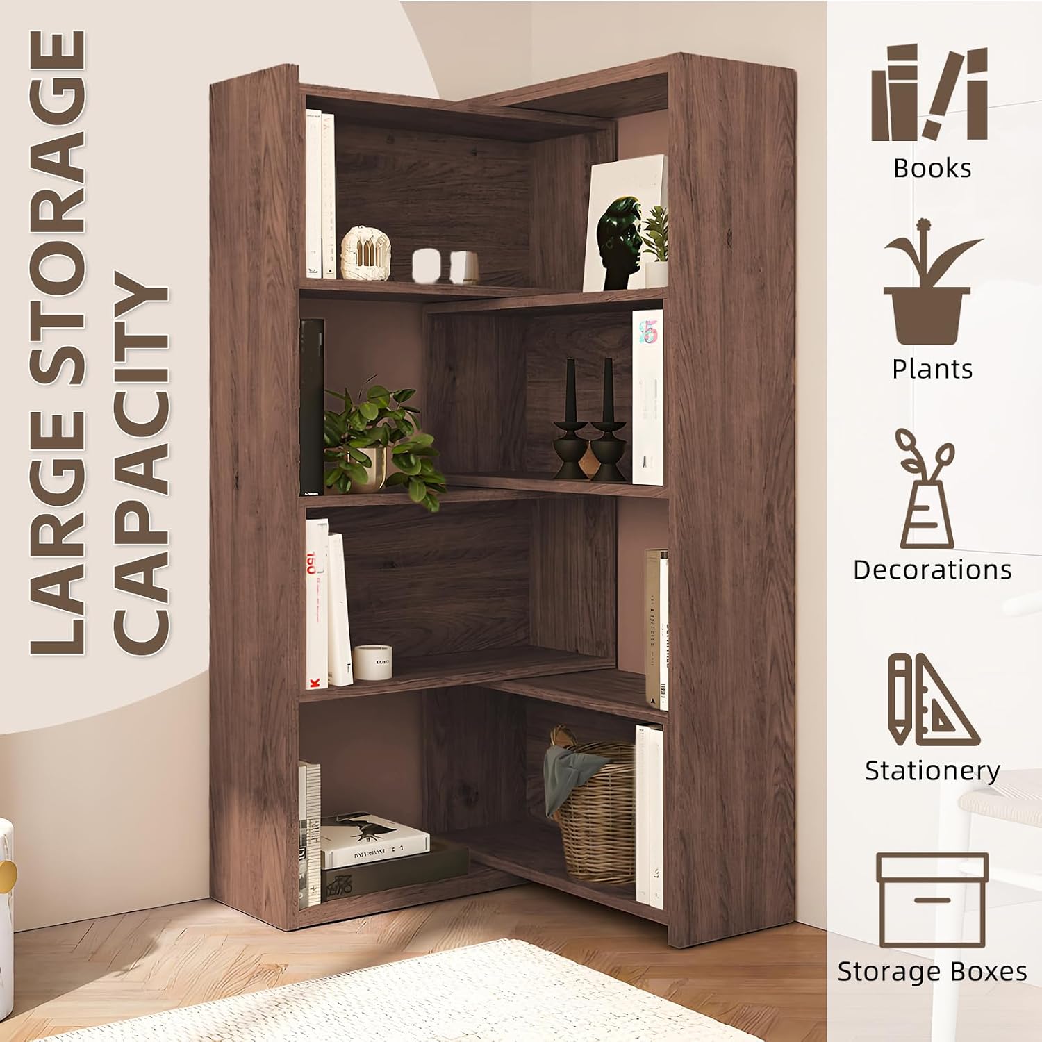Expandable 3-in-1 Convertible Bookcase with Adjustable Width, Corner & Straight Shelf Design, 4-Tier Modern Storage Organizer, Space-Saving (Light Brown, 39.4' × 11.8' × 63.0')