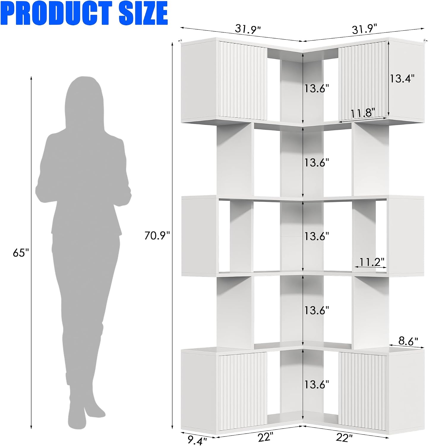 kepptory 6 Tiers Corner Bookshelf, 71' Display Storage Bookcase, L-Shaped Cube Bookshelf, Modern Display Shelf Standing Unit, Curio Display Bookshelf for Living Room/Home Office/Bedroom, White