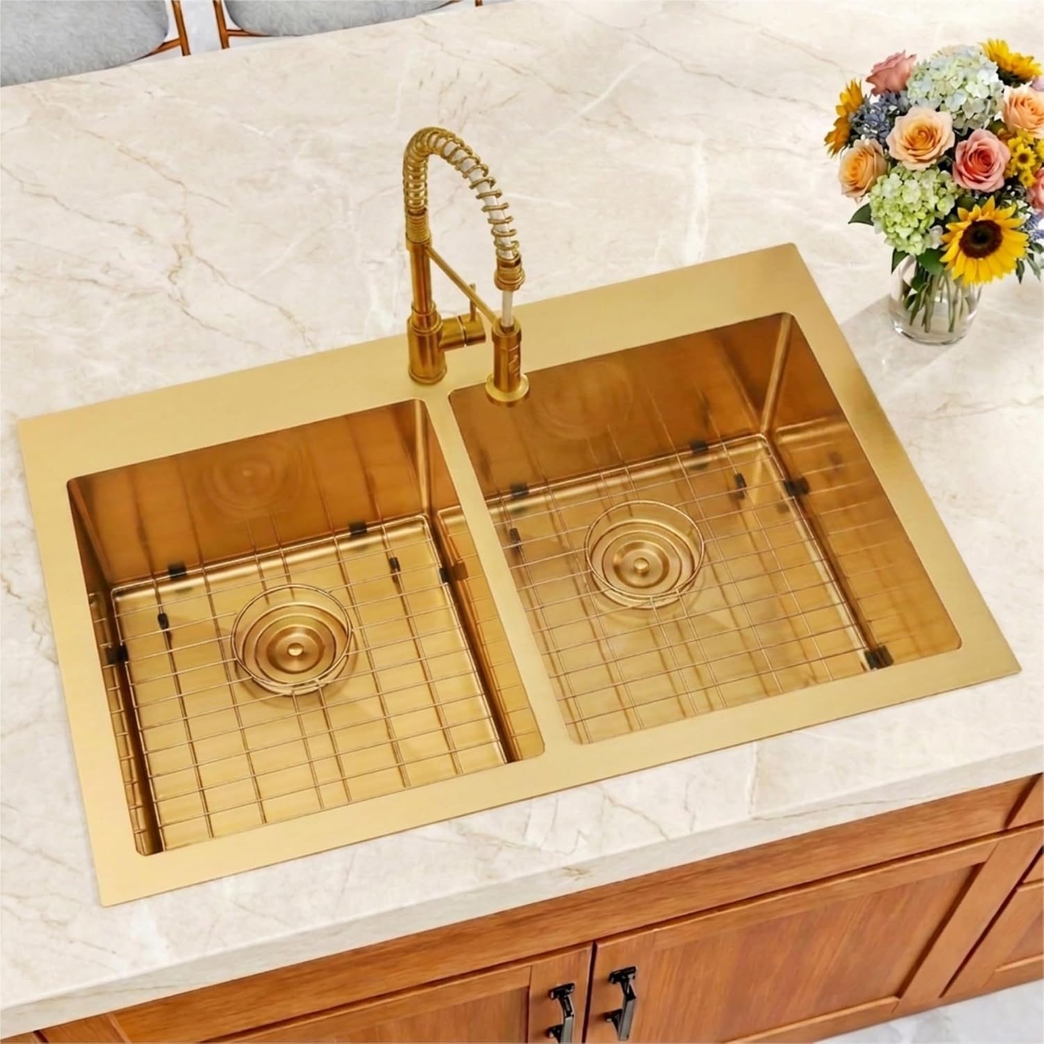 Gold Kitchen Sink,33 X 22 inch Drop in Kitchen Sinks Double Bowl,16 Gauge Stainless Steel 50/50 Double Sink,Top Mount/Drop In Double Kitchen Sink 33 inch