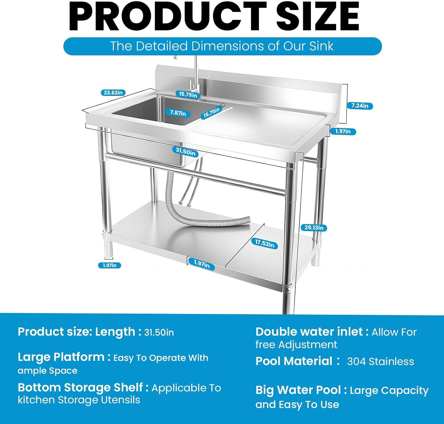 Utility Sink Stainless Steel Laundry Sink, 360 Degree Rotating Faucet, Hot And Cold Water Functions for Garage Kitchen Bathroom Laundry Use (32'' Sink with Workbench)