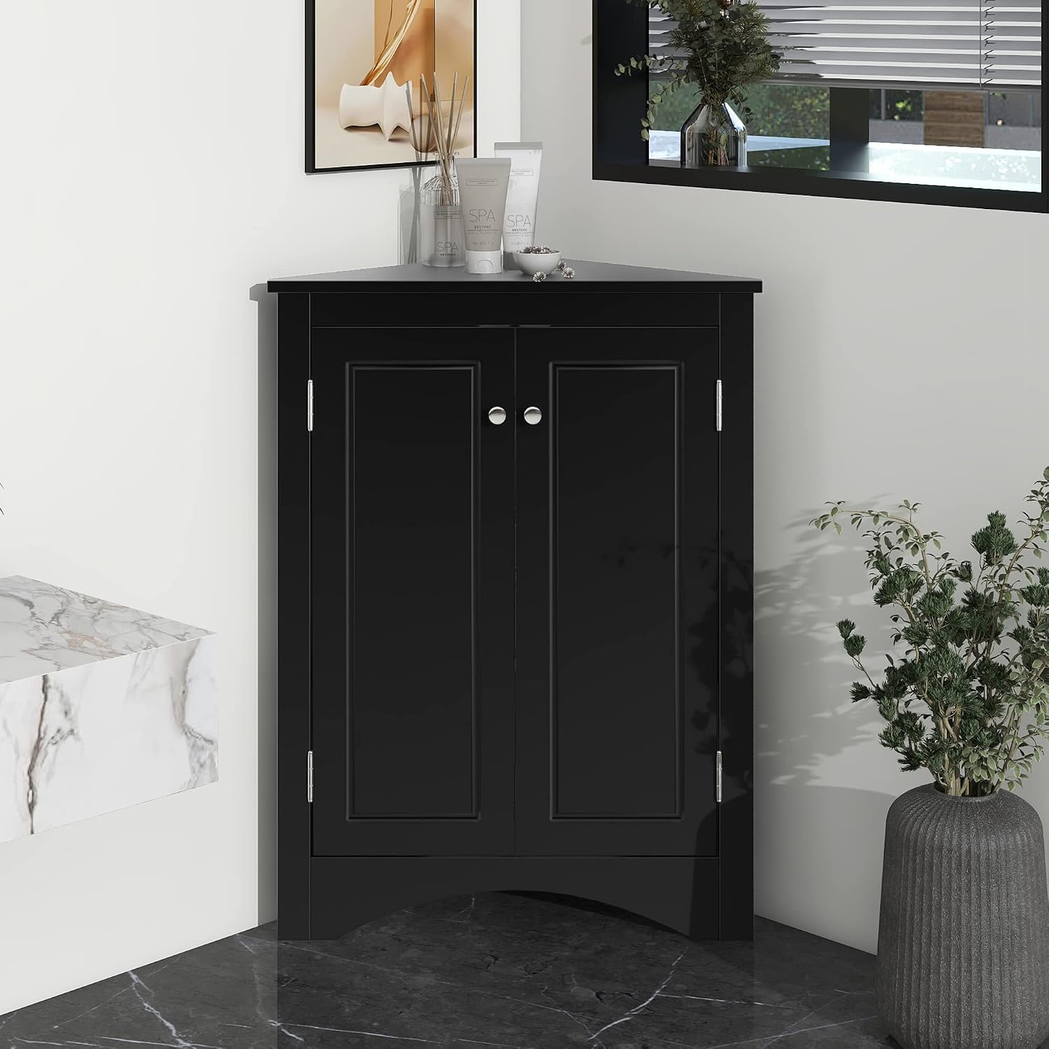 Corner Cabinet with Adjustable Shelves and Doors, Freestanding Bathroom/Kitchen/Living Room Floor Storage Organizer, MDF Boards