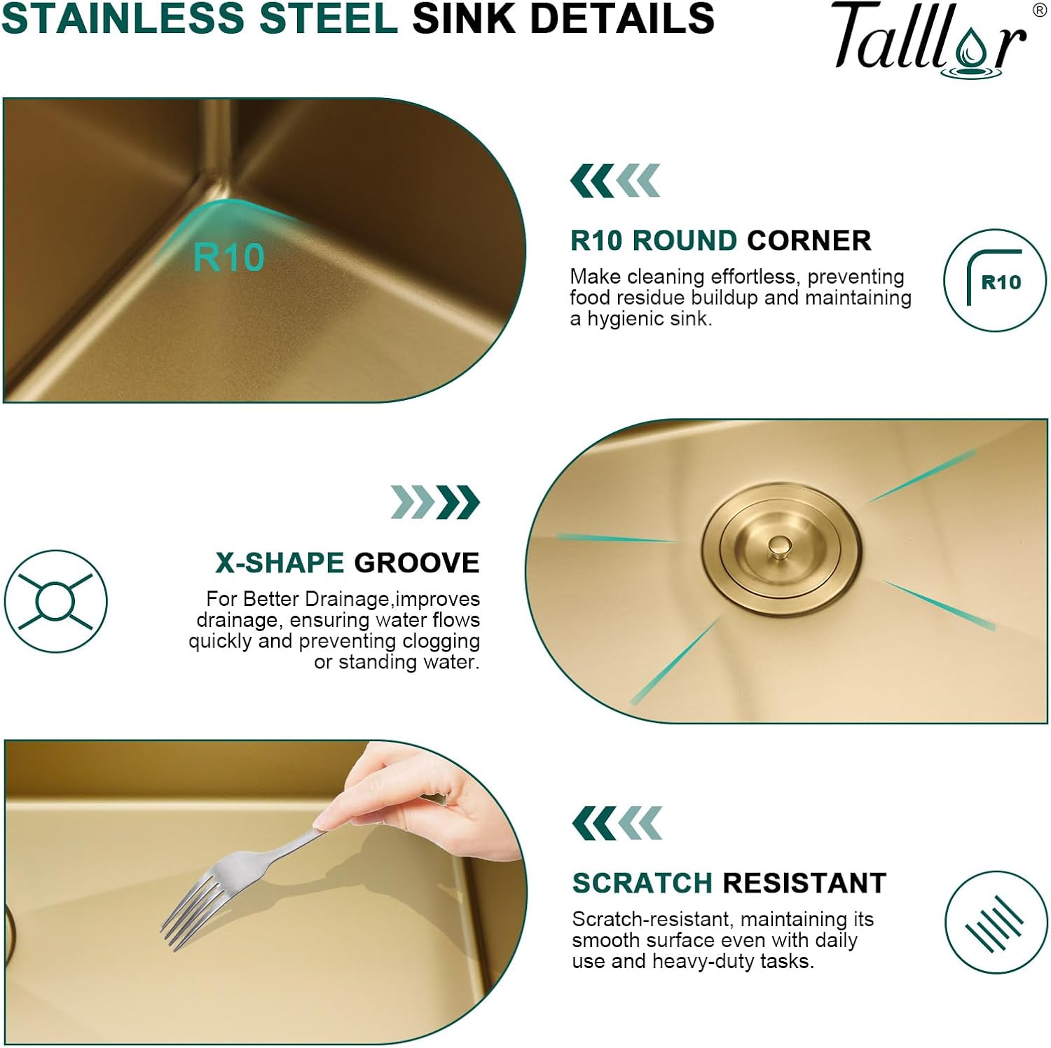 Undermount Bar Sink - 17x17 Inch Workstation Gold Wet Bar Stainless Steel 16 Gauge Single Bowl Under Counter Small Prep Sinks with Cutting Board and Assembly #TLU-0020