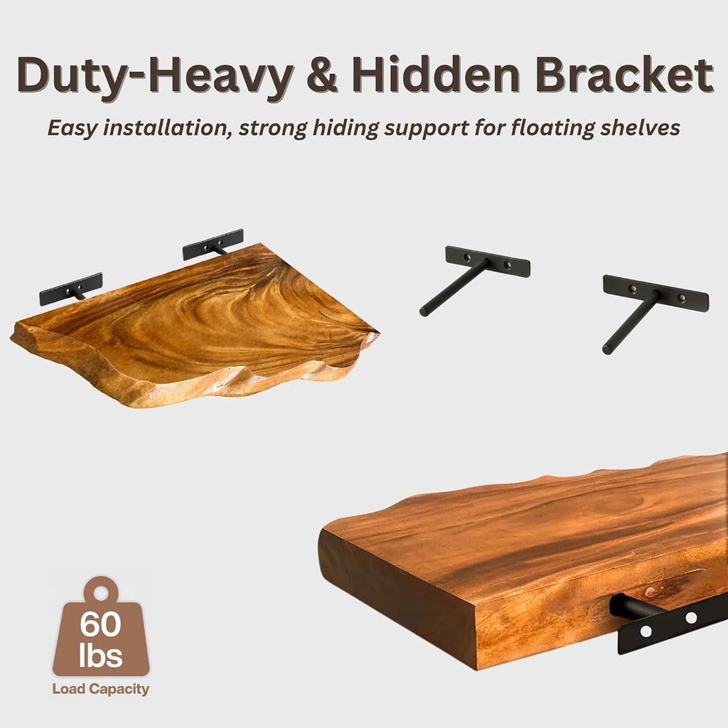 Live Edge Corner Floating Shelves - Solid Monkey Pod Wood, Heavy Duty Hidden Brackets, Handcrafted Farmhouse Wall Mounted Decor for Bedroom & Living Room - Natural, 9.8 x 9.8 x 2.0 in, Set of 1