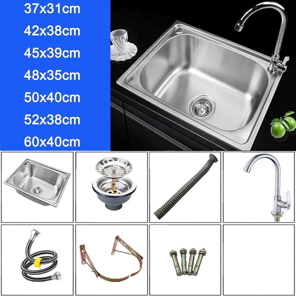 Stainless Steel Wall Mounted Commercial Restaurant Sink, Single Bowl Kitchen Sinks with Drainer Unit and Tap, Multipurpose Vanity Basin for Garage Restaurant Laundry,45x39cm