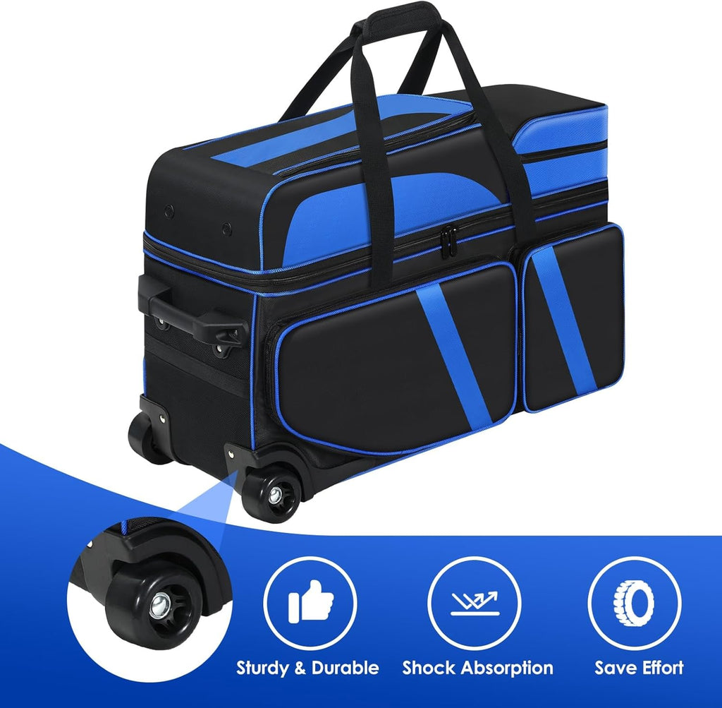 4 Ball Bowling Bags with Wheels, Bowling Ball Bag with Multi-Pockets,4 Ball Bowling Bag with Secure Buckle Fixed Ball Cup & Shoe Compartment,3 Ball Bowling Bag+1 Ball Color Matching Add On Tote