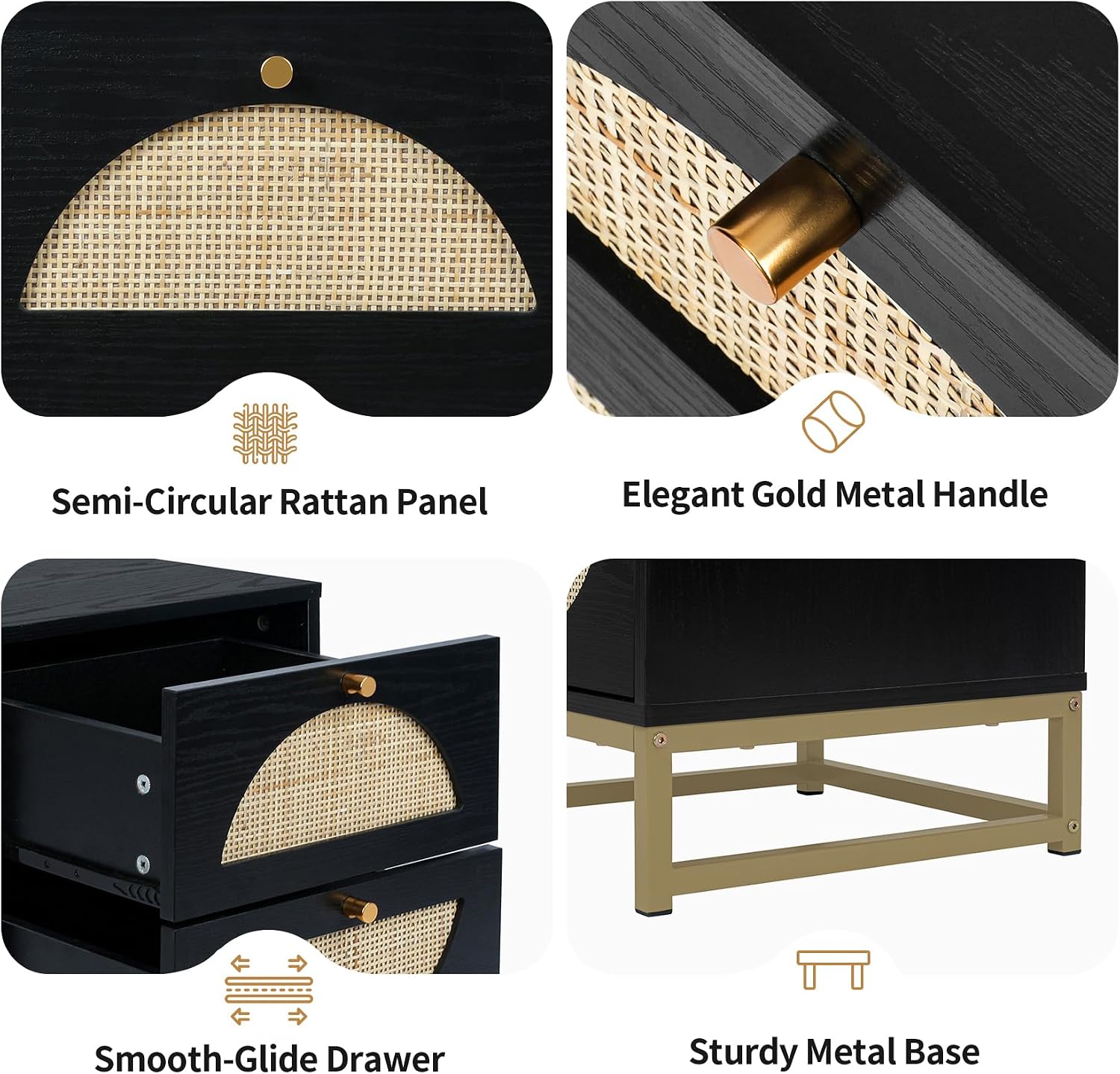 Rattan Nightstand, Boho Bedside Tables with 2 Drawer, Rustic End Table with Storage, Side Table for Living Room, Bed Room, Office, Black, Set of 2