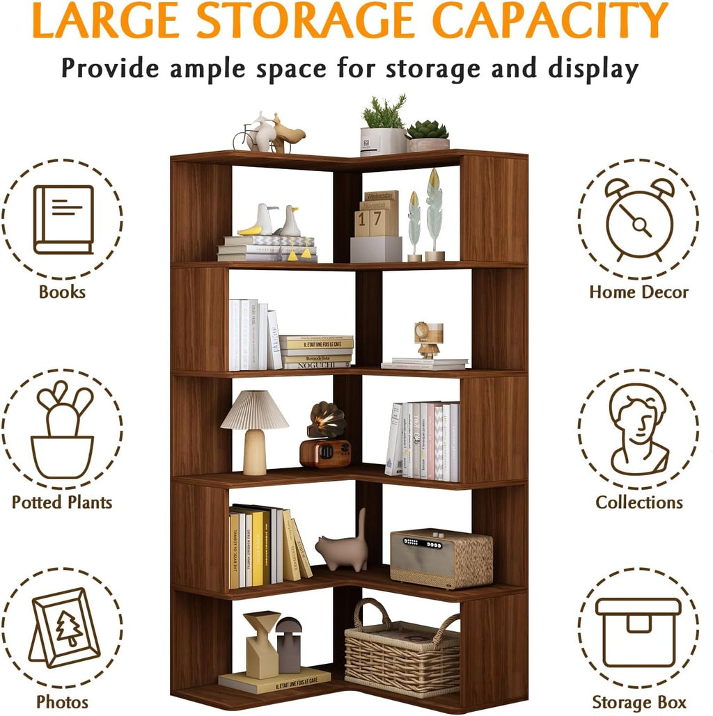 IOTXY 6-Tier L-Shaped Corner Bookshelf - 66' Tall Wooden Freestanding Bookcase with Open Shelf Units, Walnut