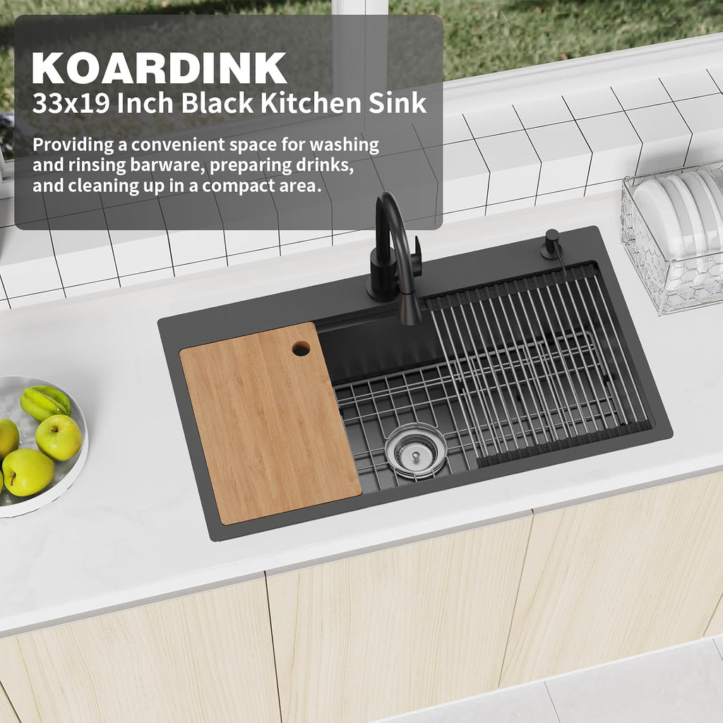 Black Kitchen Sink Workstation, 33x19 In Stainless Steel Drop In Kitchen Sink Modern Large Single Bowl Sink Gift Combo-SS Grid,Drying Rack,SS Colander,Cutting Board,Drain Assembly For Various Kitchen