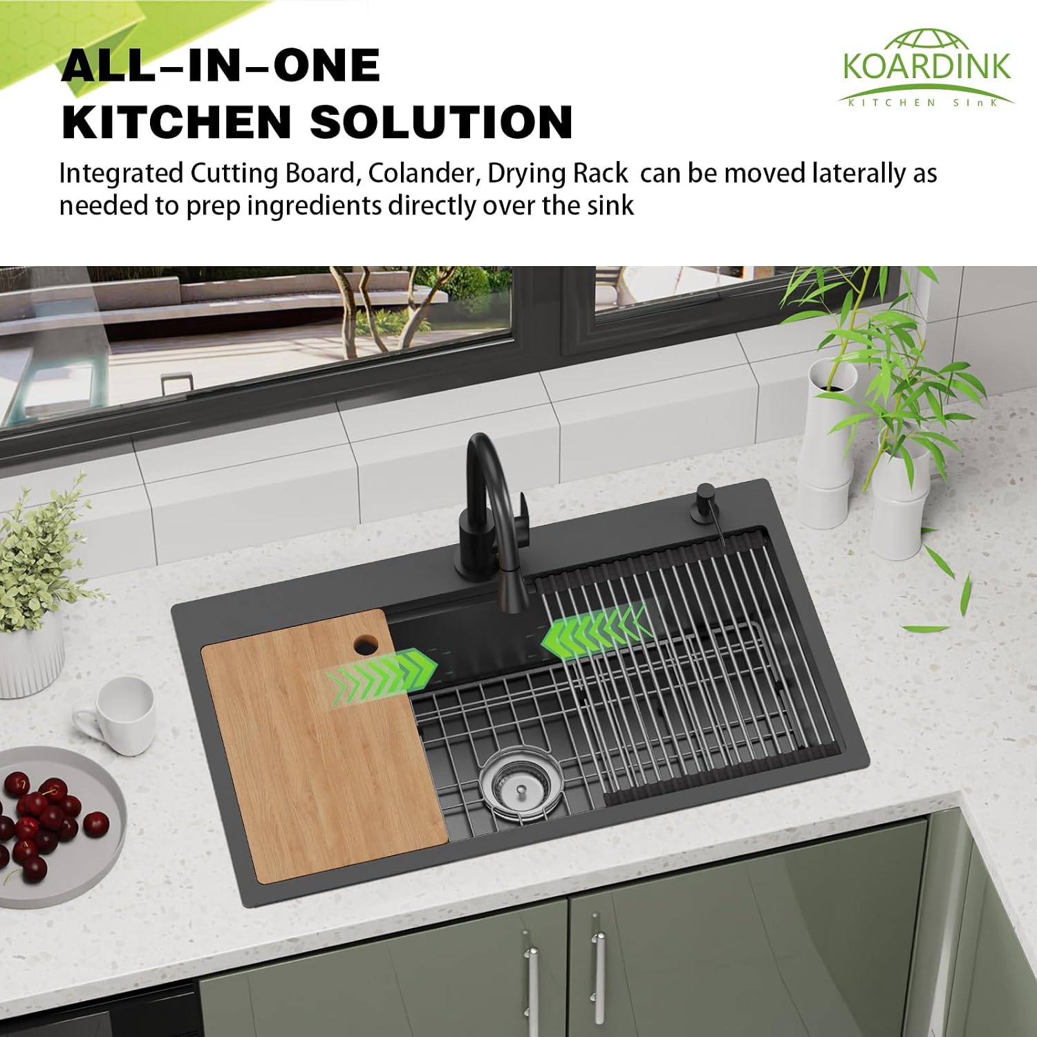 Black Kitchen Sink Workstation, 33x19 In Stainless Steel Drop In Kitchen Sink Modern Large Single Bowl Sink Gift Combo-SS Grid,Drying Rack,SS Colander,Cutting Board,Drain Assembly For Various Kitchen