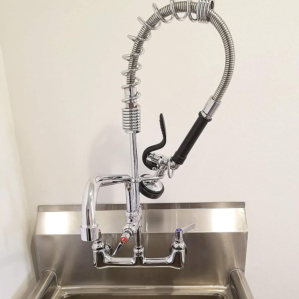 Commercial Faucet with Sprayer 21' Height 8' Center Wall Mount Kitchen Sink Faucet Brass Constructed Polished Chrome Pre-Rinse Device with Spring and 8' Add-on Spout
