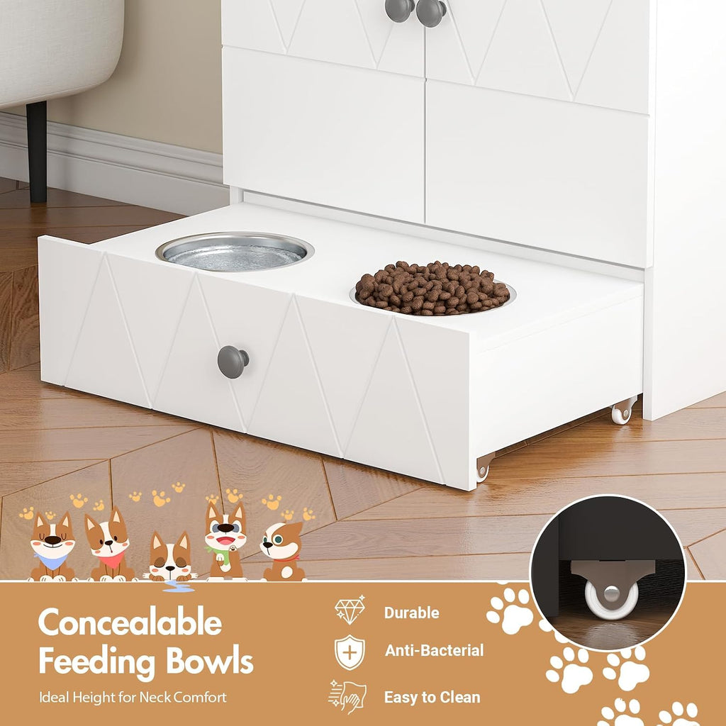 Pet Feeding Station with Storage, Raised Dog Bowls, Pet Feeder Cabinet, with Adjustable Shelves, Rolling Drawer, Hooks, for Feeding & Watering Supplies (Light)