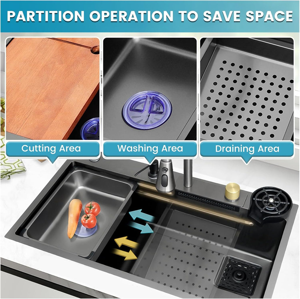 Gold Stainless Steel Single Bowl Kitchen Sink With Drainer, Drop In/Undermount Large Workstation Sink, Includes Pull Out Faucet, Cup Washer, Basin, Drain Basket, Full Waste Kit(Black,65x50x22cm)