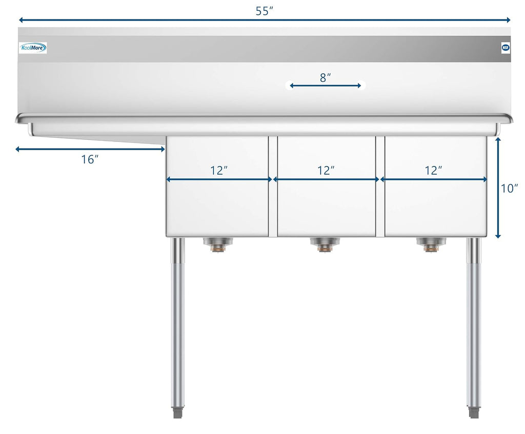 KoolMore 3 Compartment Stainless Steel NSF Commercial Kitchen Sink with Large Drainboard - Bowl Size 12' x 16' x 10', Silver