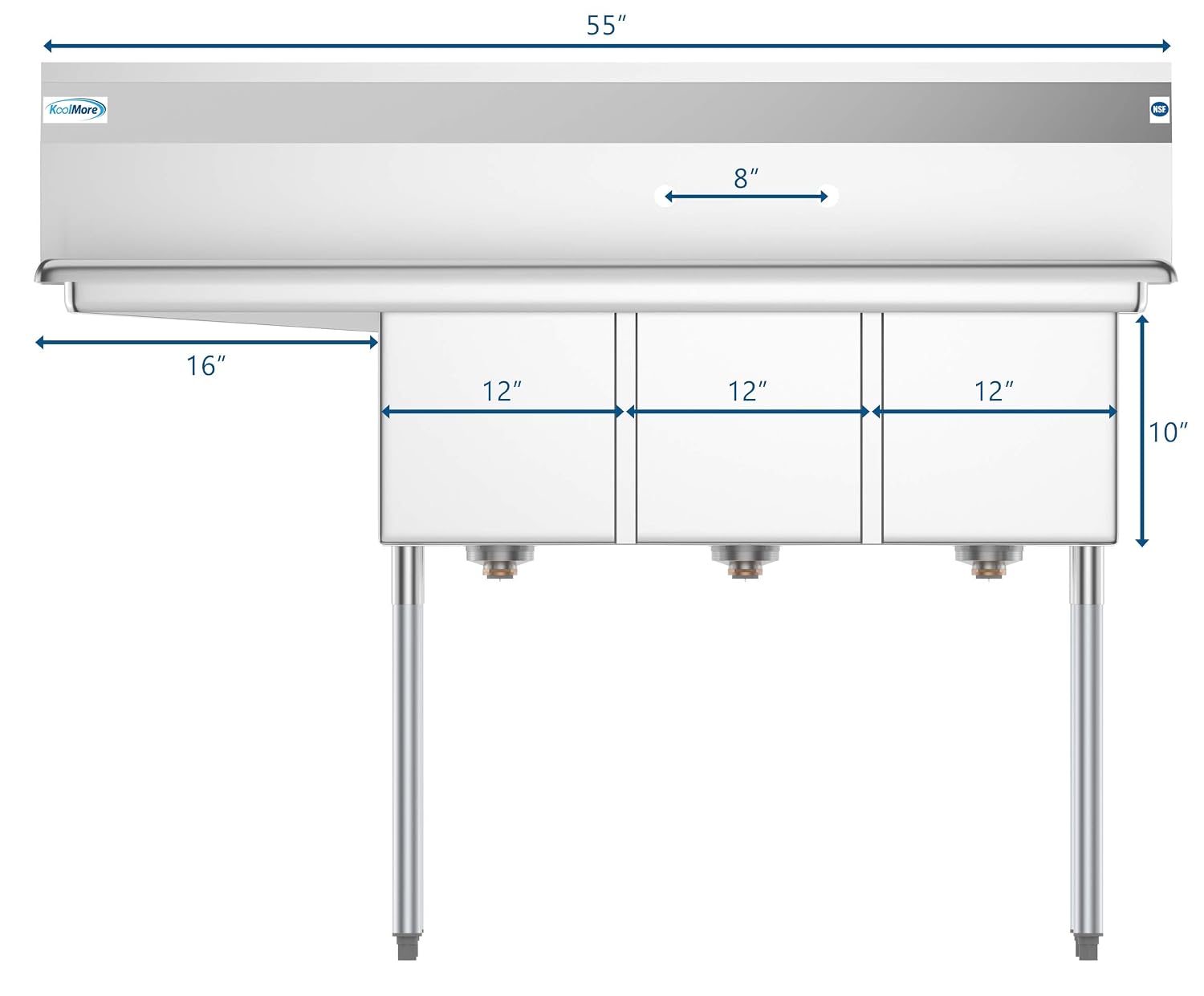 KoolMore 3 Compartment Stainless Steel NSF Commercial Kitchen Sink with Large Drainboard - Bowl Size 12' x 16' x 10', Silver