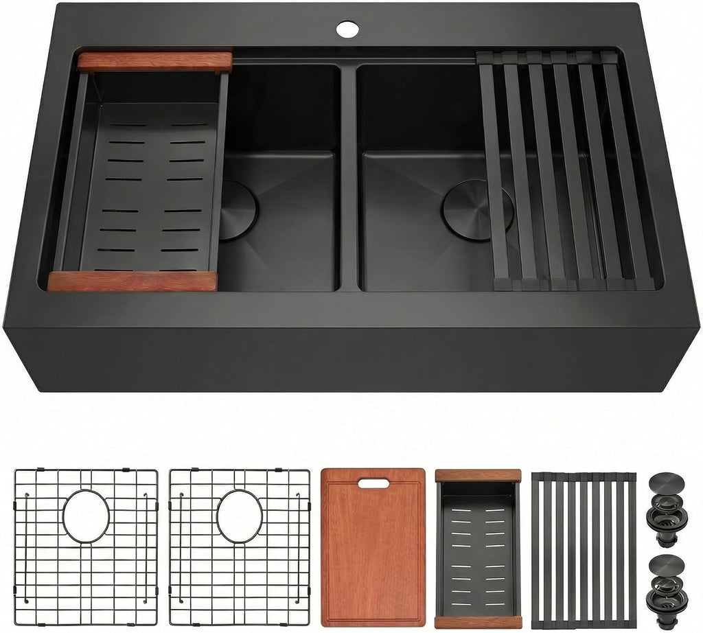 LQS Double Bowl Kitchen Sink, Undermount/Drop In Kitchen Sink, Double Bowl Stainless Steel Kitchen Sinks, 16 Gauge Stainless Steel Handmade Sinks (Black, 28' x 22' x 10')
